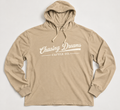 Sand-colored Chasing Dreams lightweight hooded pullover with cream chest lettering