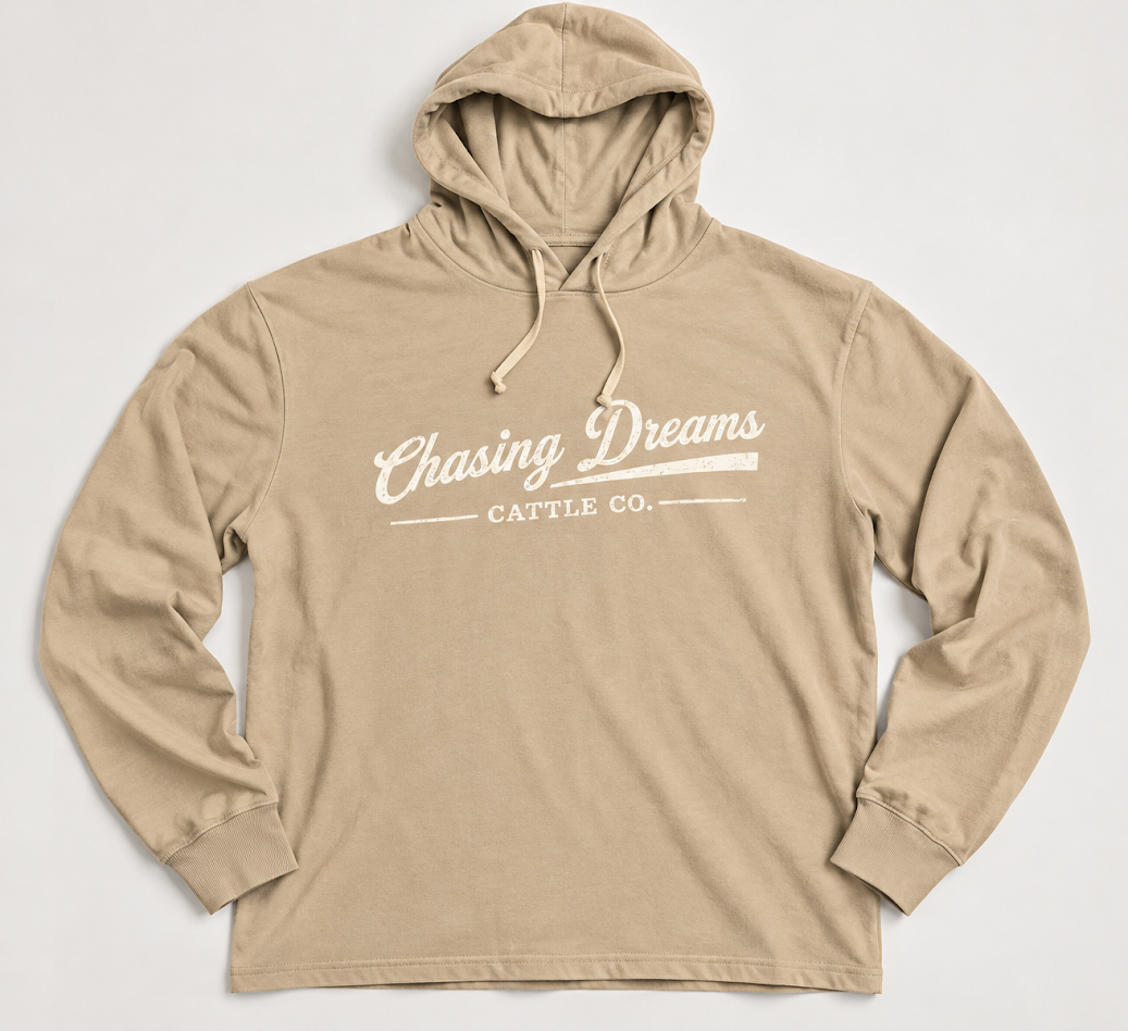 Sand-colored Chasing Dreams lightweight hooded pullover with cream chest lettering