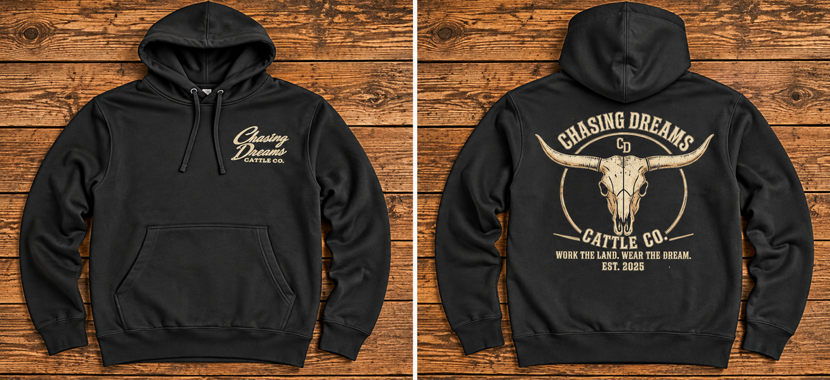 Front and back of black Chasing Dreams longhorn graphic hoodie