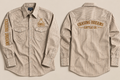 Front and back of tan striped Chasing Dreams Western snap shirt