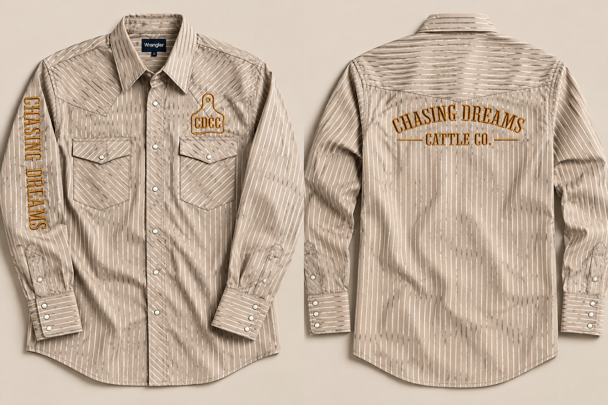 Front and back of tan striped Chasing Dreams Western snap shirt